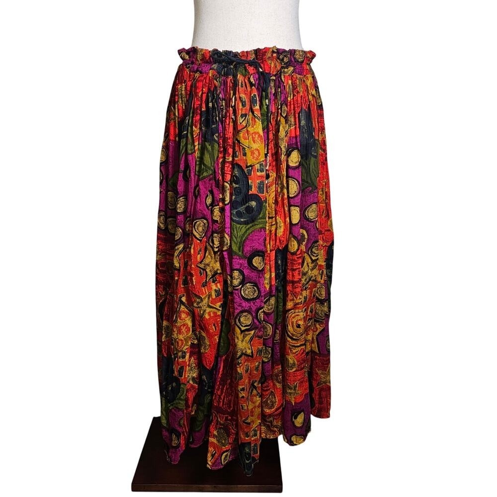 Womens A-line Maxi Skirt Med to XL. Yellow and Green, 100% Cotton Colorful